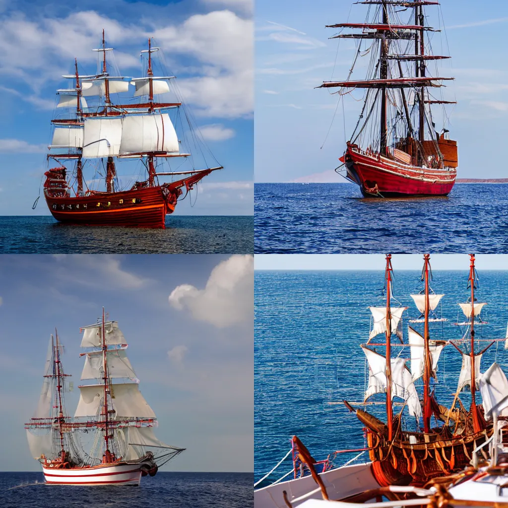 Image similar to a pirate ship with white sails and crimson hull with 3 masts, dslr photo