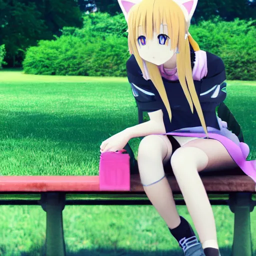 Image similar to 3 d photo of an anime girl with cat ears and long blond hair looking to her side sitting on a bench with a park behind her bokeh shader anime