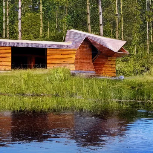 Prompt: a house made of a long hair. The house is made of 3 mammalian abdomens. The fur house sits in a lake on the edge of a forest. A family is living inside the fur house and it is furnished with contemporary furniture and art. ultra wide shot, Coronarender, 8k, photorealistic