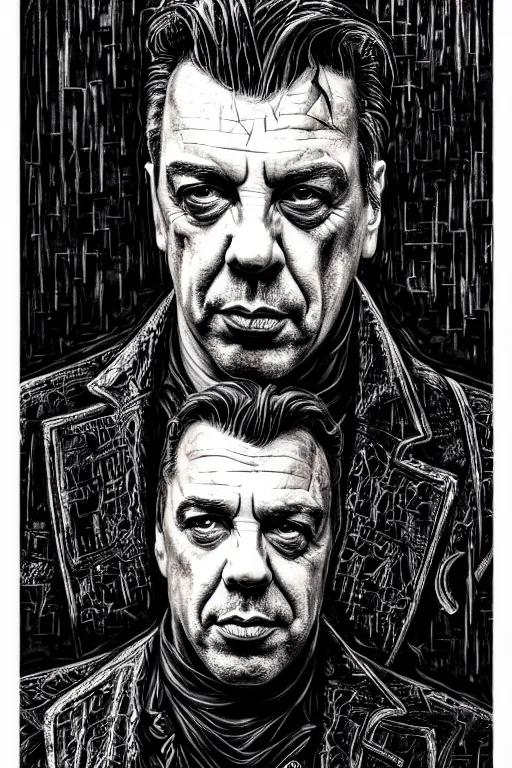 Image similar to till lindemann, detailed acrylic, grunge, intricate complexity, by dan mumford and by alberto giacometti, peter lindbergh