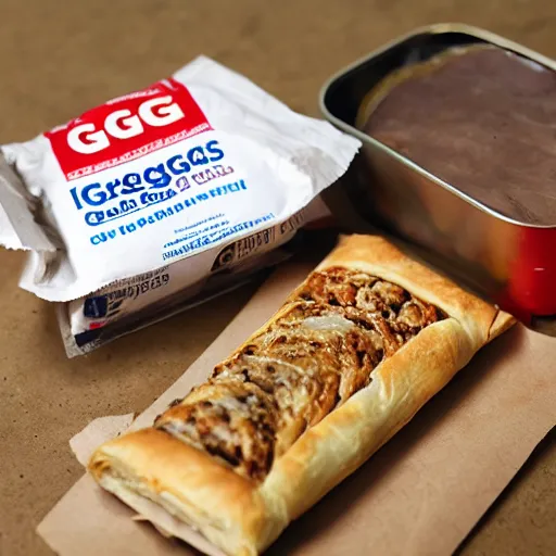 Image similar to greggs sausage roll, mre, field ration, photgraph,