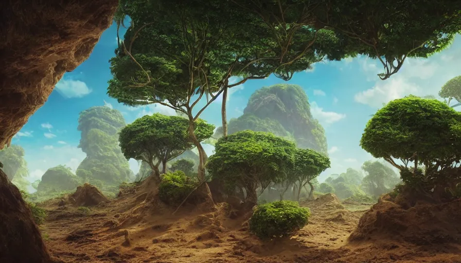 Image similar to beautiful stunning amazing slightly cloudly sky with various differently colored floating islands made of dirt and sand and stone with many varied rainforest forest desert plants and few little animals, landscape, fantasy, wide angle, sharp image, cinematic, concept art, 3d, photorealistic render, octane render, blender cycles, unreal engine, raytracing, volumetric light, photoshop, lightroom, digital art, trending on artstation