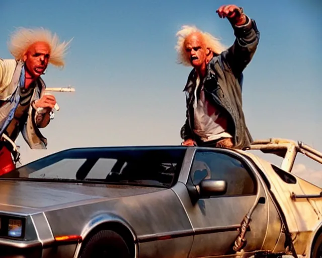 Image similar to doc brown and the delorean in a scene from a mad max movie