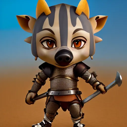 Prompt: antropomorphic medieval knight hyena warrior as nendoroid walking in a desert in the croods movie style, anime, disney, pixar, 8 k, hd, dof, kodak film, volumetric lighting, subsurface scattering, photorealistic, octane render, details