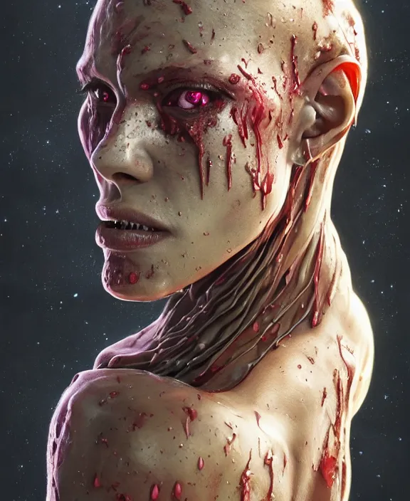 Image similar to portrait of a bloodied slime dripping geometric angular genderless insect alien monster, muscles, rippling, space warping and twisting, ultra realistic, concept art, intricate details, eerie, highly detailed, photorealistic, octane render, 8 k, unreal engine. art by artgerm and greg rutkowski and alphonse mucha