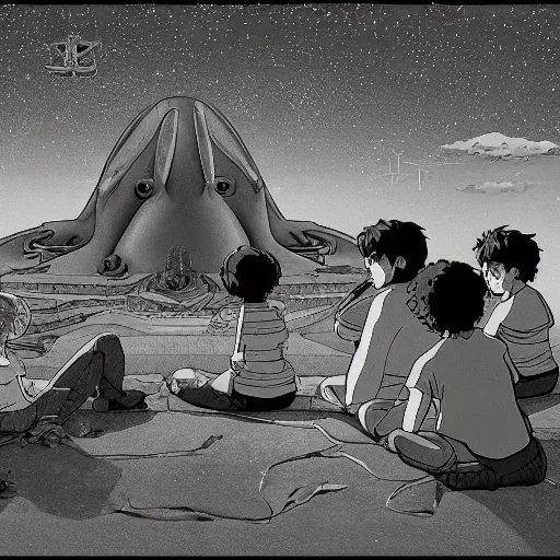 Image similar to five friends sitting and staring up at the alien craftship, mange, studio ghibli style, black and white, detailed