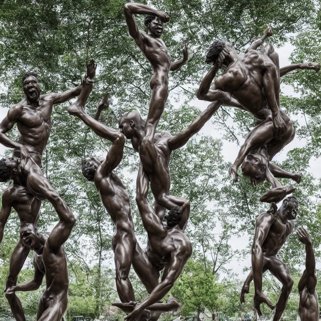 Image similar to utterly breathtaking sculpture of raining men, bronze sculpture, outdoor sculpture garden, HD, 8K, 4K, professional photography, Sigma 18-35mm,