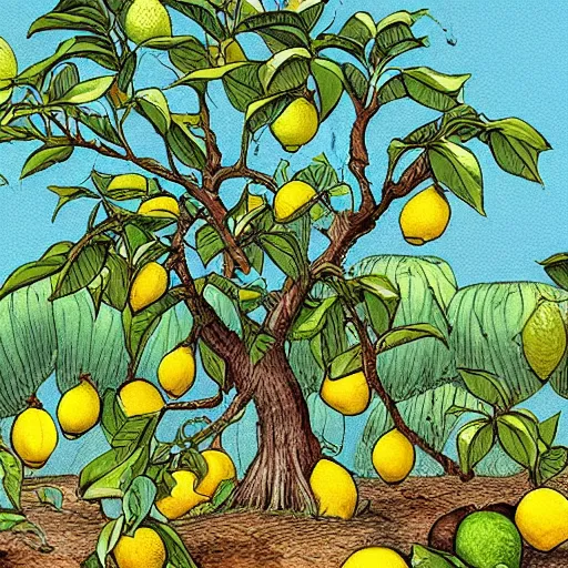 Prompt: a lemon tree with many lemons. the scene is detailed and beautiful, and combines the style of michael foreman, gyo fujikawa, and jane clarke.