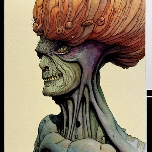 Image similar to a simple and atmospheric watercolour portrait of a pulp sci - fi alien from another dimension, very muted colors, by rebecca guay, michael kaluta, charles vess and jean moebius giraud