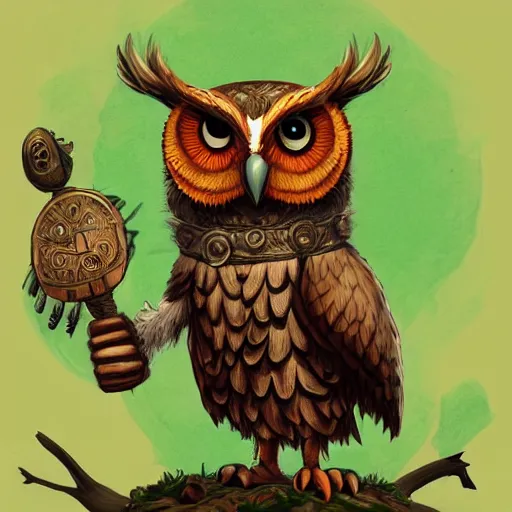 Prompt: A detailed, highly realistic anthropomorphic owl with a viking helmet, green shirt and round shield standing in front of a tree, an anthropomorphic owl with a fluffy face wearing armor in front of a tree, digital art, ArtStation, Commission