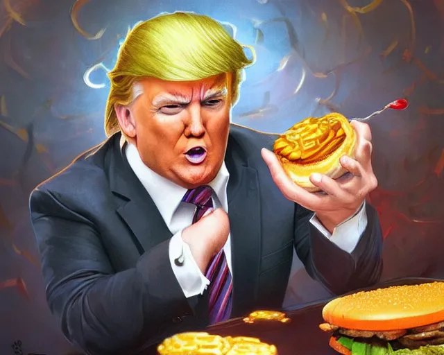 Image similar to donald trump licking a cheeseburger, deep focus, fantasy, intricate, highly detailed, digital painting, artstation, concept art, matte, sharp focus, illustration, hearthstone, art by artgerm and greg rutkowski and alphonse mucha