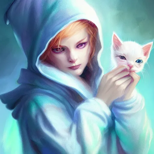 Image similar to colorful and Festive Captivating cute mage white kitten, with a blue hoodie, atmospheric lighting, painted, intricate, highly detailed by Charlie Bowater