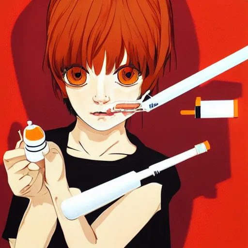 Image similar to an orange tabby gets a shot by a syringe by ilya kuvshinov katsuhiro otomo