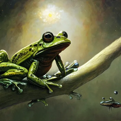 Image similar to long shot of an frog alien, by esao andrews, by m. w. kaluta, by james web telescope, ultra humorous beautiful oil painting, cinematic space scenery, small depth of field, depth perception, volumetric light, rich colors, 3 d octane render, 8 k, conceptart, hyperdetailed, hyperrealistic, trending on artstation