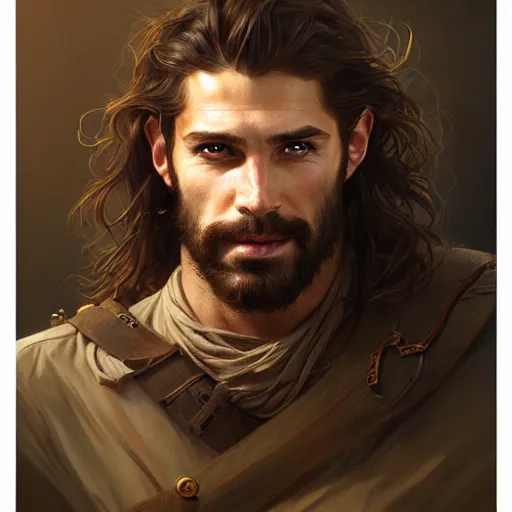 Image similar to Portrait of rugged male ranger, D&D, amber eyes, face, long hair, muscular, fantasy, intricate, elegant, highly detailed, digital painting, artstation, concept art, smooth, sharp focus, illustration, art by artgerm and greg rutkowski and alphonse mucha