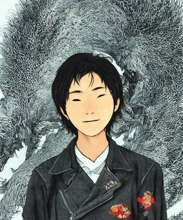 Prompt: a half - body portrait of a happy teenage japanese man, his hair is messy and unkempt, he is wearing an embroidered leather jacket, the background is a swirkling dragon scale taxture, an intricate and beautiful illustration by kim jung gi and otomo katsuhiro and terada katsuya, realistic proportions!!, correct anatomy!! 4 k