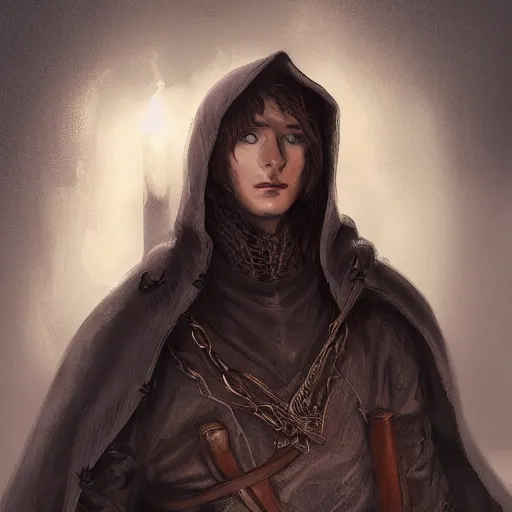 Image similar to portrait, young man. dark medieval clothes, Hood. high detail, digital art, fantasy, RPG, concept art, illustration