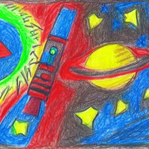 Image similar to a child's drawing of a space battle in crayon