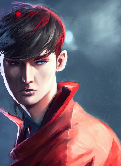 Image similar to An epic fantasy comic book style portrait painting of a young man with black cowlick haircut, wearing black overcoat, red clothes, blue jeans. Unreal 5, DAZ, hyperrealistic, octane render, cosplay, RPG portrait, dynamic lighting