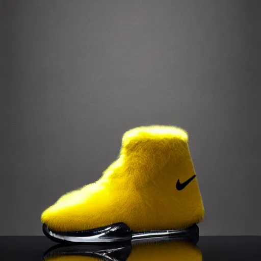 Image similar to poster nike shoe made of very fluffy yellow faux fur placed on reflective surface, professional advertising, overhead lighting, heavy detail, realistic by nate vanhook, mark miner