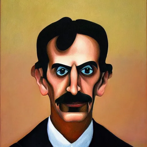 Image similar to robotic frank zappa portrait, long hair, grant wood, pj crook, edward hopper, oil on canvas