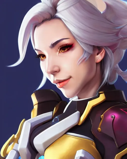 Image similar to mercy from overwatch, character portrait, portrait, close up, concept art, intricate details, highly detailed, in the style of moebius