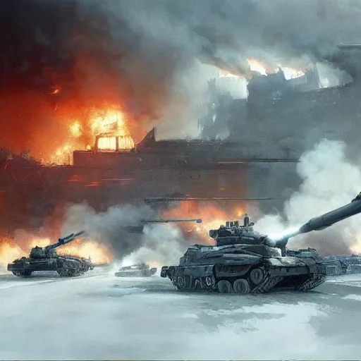 Prompt: Tank battle in the White house, amid destruction and fire by Greg Rutkowski