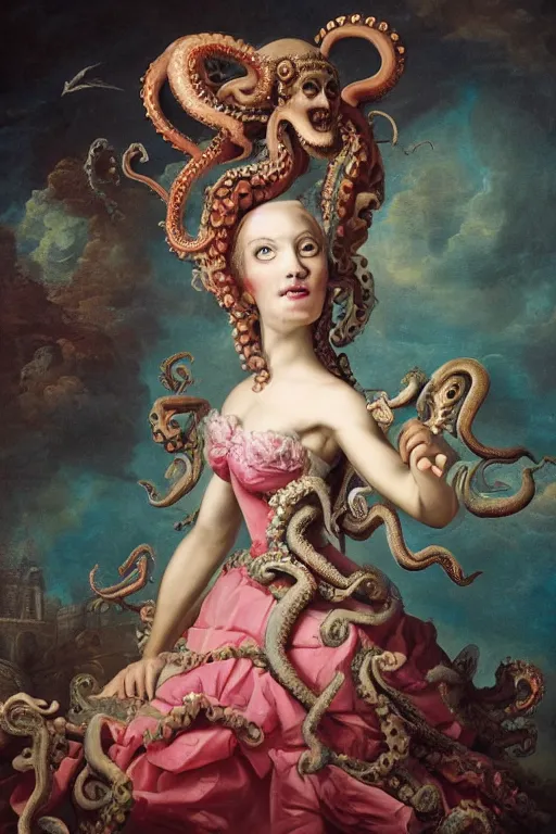 Image similar to a spectacular wideangle shot of a dreaming scary rococo queen with a octopus head, award winning photography