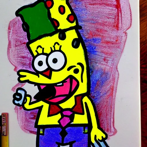 Prompt: rough sketch in crayola, spongebob squarepants cartoon character holding a kitchen knife, childish crayon art