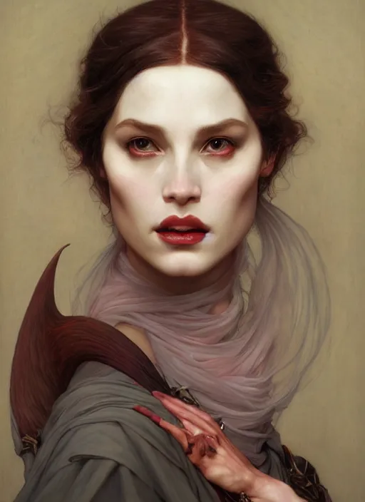 Prompt: half - demon horn, feminine, elegant, wearing a long coat, hyper realistic, extremely detailed, dnd character art portrait, fantasy art, dramatic lighting, vivid colors, artstation, by edgar maxence and caravaggio and michael whelan and delacroix, lois van baarle and bouguereau