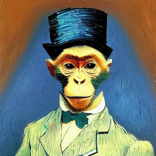 Prompt: a beautiful oil painting of a monkey in a blue top hat , 8k , award winning , made in 1800's , old , painted by vincent van gogh