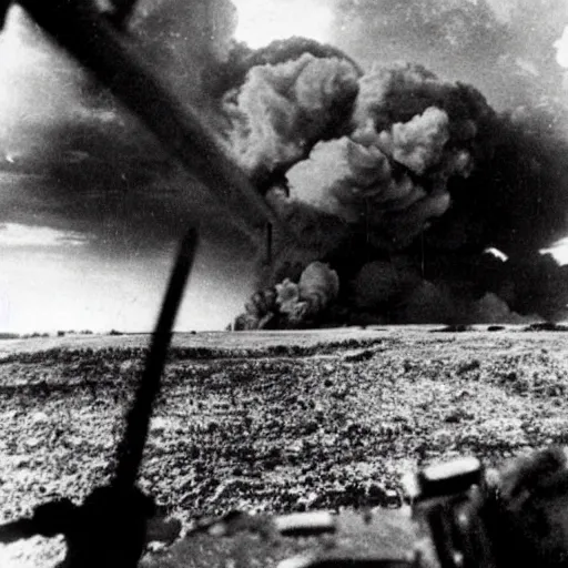 Prompt: a photo taken from inside of a trench showing a nuclear explosion in the distance, you can see the explosion's shockwave in the clouds, realistic, taken on a ww 2 camera.