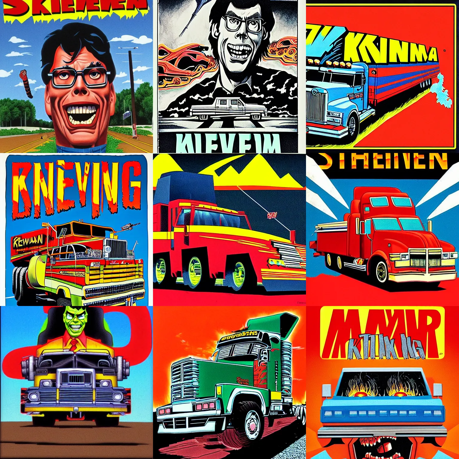 Prompt: stephen kings maximum overdrive by drew struznan, very detailed killertruck, 1 9 8 4