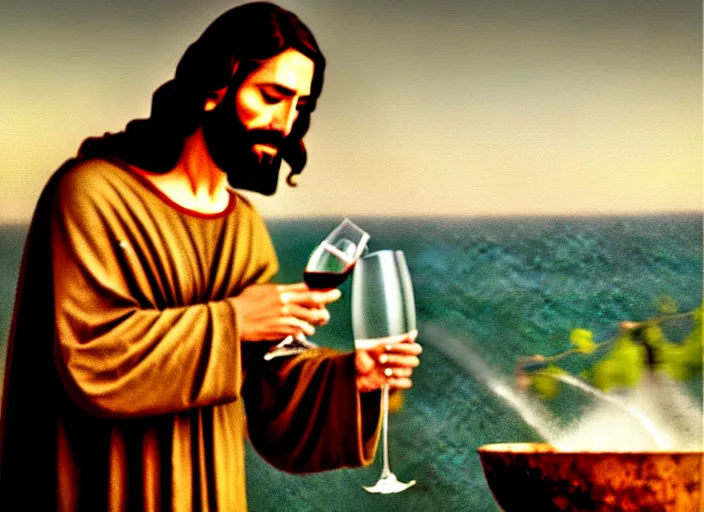 Prompt: Jesus Christ being caught making wine from water, candid photo, telephoto lens, from distance, magic trick