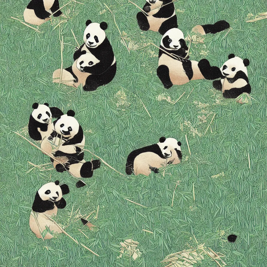 Image similar to isometric view illustration of a bamboo forest and panda eating bamboo, highly detailed mid day by victo ngai