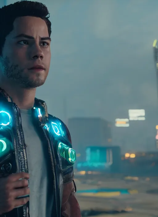 Image similar to film still of Dylan O'Brien as Kerry Eurodyne in Cyberpunk 2077, gameplay, 8k, HD