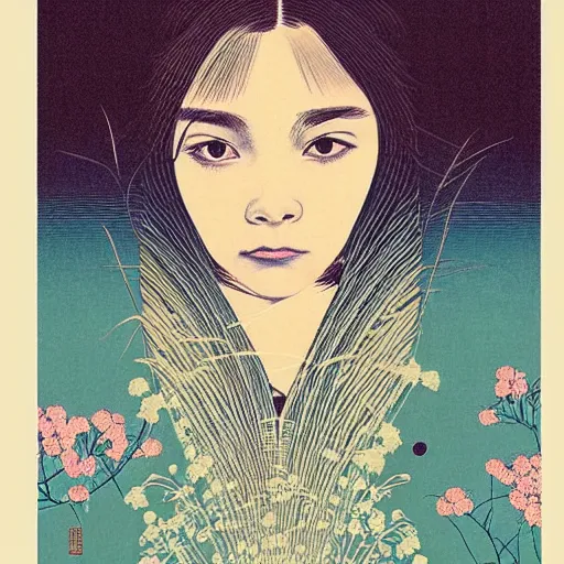 Prompt: “ chloe grace moretz portrait by ikenaga yasunari and ayana otake and ko rakusui, 6 0 s poster, drawing, realistic, sharp focus, japanese, dreamy, nostalgia, faded, golden hues, floral clothes, porcelain skin ”