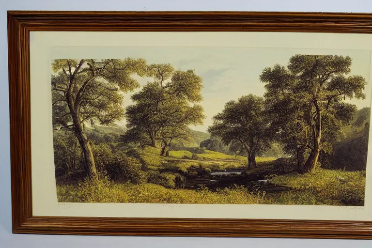 Prompt: masterpiece print of oak trees on a hillside overlooking a creek, by william seltzer rice