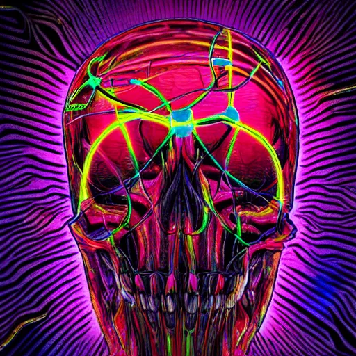 Prompt: neuronal skull, psychedelic cyberpunk style, colourful, highly detailed, 8k, trending on artstation