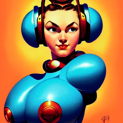 Image similar to head and shoulders portrait of a female Megaman, illustration, medium shot, intricate, elegant, highly detailed, digital art, ffffound, art by gil elvgren and sachin teng