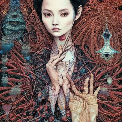 Image similar to beautiful portrait painted in jacek yerka aykut aydogdu and leslie zhang style drawn by vania zouravliov and takato yamamoto, inspired by cyberpunk, intricate acrylic gouache painting, high detail, sharp high detail, artstation, manga and anime