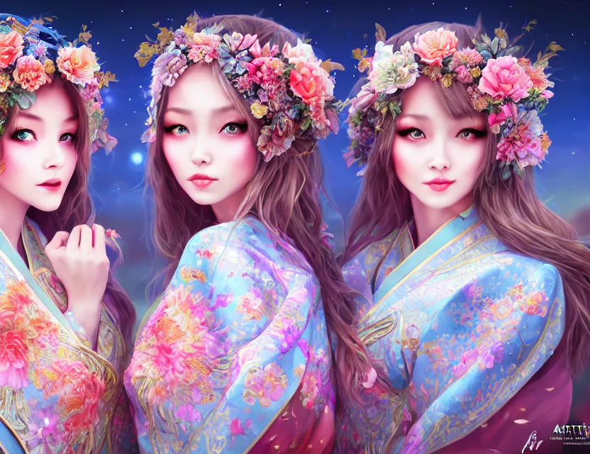 Image similar to two beautiful alluring siberian girls wear fantasy kimono in festival | | sunny night, full moon, dreamlike art, realistic shaded, smile, good looking, hyper details, 4 k realistic, cryengine, realistic shaded lighting poster by artgerm, ross tran, fuji choko, 8 k resolution, trending on artstation, luxury