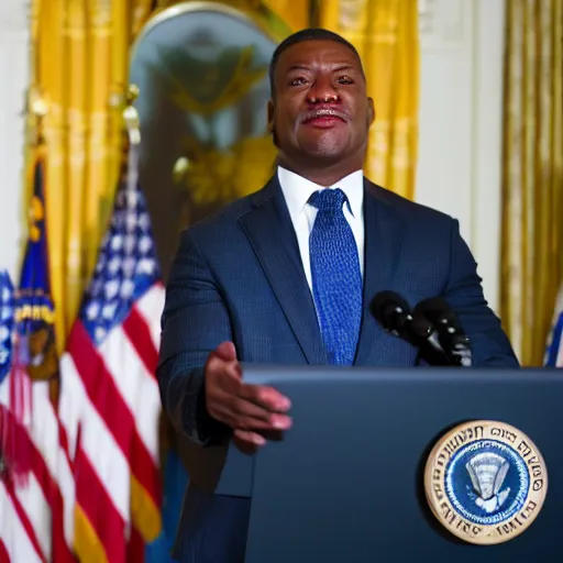 Prompt: president dwayne camacho standing at a podium at the whitehouse press room, portrait photography, 8 k, movie still