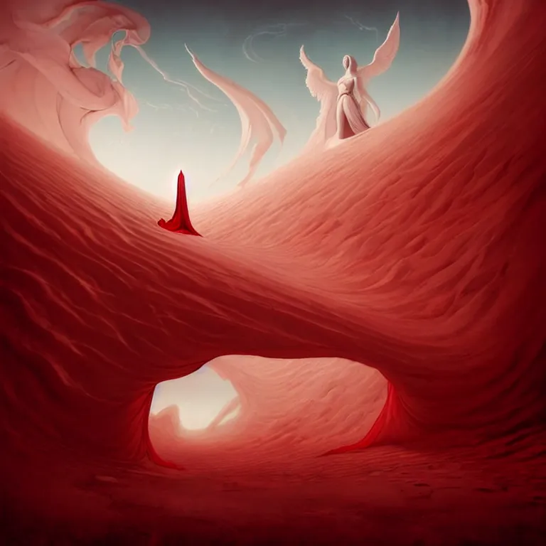 Image similar to one lone singular swirling otherworldly angelic figure shrouded in red robes emerges from extensive barren white dunescape, matte painting by peter mohrbacher and filip hodas, background basilica sacre coeur, godrays, high contrast, highly detailed, a