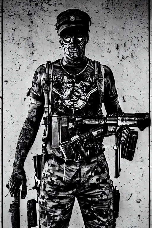 Prompt: a paranormal soldier, ouija tattoo on face, emp weapons strapped in shoulders, horror sci - fi black and white poster