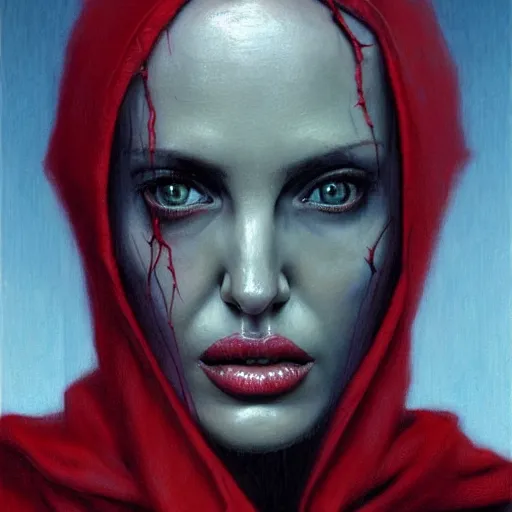 Prompt: portrait of Angelina Jolie with red glowing eyes in hood and crown of thorns, dark fantasy, Warhammer, artstation painted by Zdislav Beksinski and Wayne Barlowe