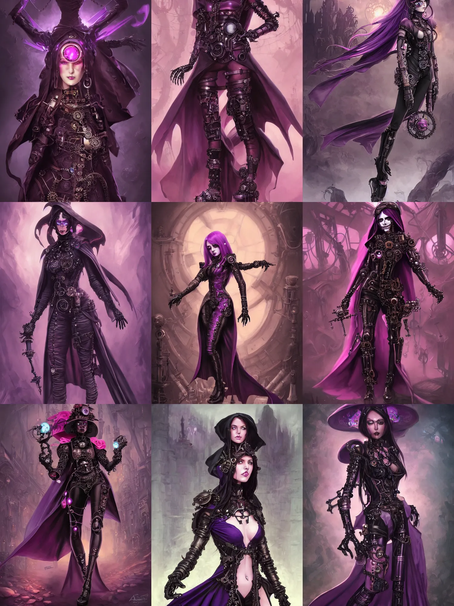 Prompt: female steampunk necromancer, skintight black clothes, dark purple cape, cute, black skin, pink straight hair, robotic skeleton companions, high fantasy, futuristic fractal background, dnd, highly detailed, two arms, detailed face, smooth, sharp focus, digital painting, by artgerm and greg rutkowski and alphonse mucha