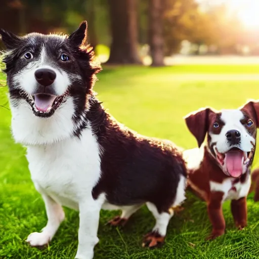 Image similar to cute photo of two silly happy little dogs one black and one brown, in the park, sunny morning, photorealistic, cute, highly detailed