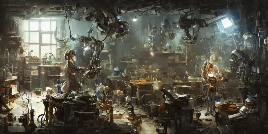 Image similar to an environmental concept art of a female scientist building a robot in a cluttered workshop, highly detailed, cinematic, dramatic lighting, close shot by francis tneh