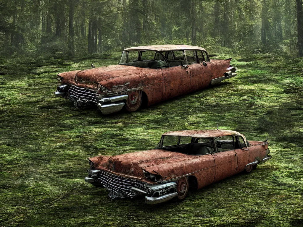 Image similar to an abandoned rusty and partly moss - covered cadillac coupe deville 1 9 5 9 in a forest clearing in the evening light, 1 6 mm wideangle lens, volumetric lighting, octane render, artstation